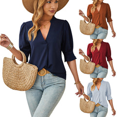 🍧2024 Wiosenno-letni jedwabny top z dekoltem w kształcie litery V i średnim rękawem