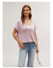 👸 Luźny, duży sweter z dekoltem w kształcie litery V i krótkim rękawem