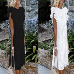 Wielowarstwowe rękawy to nie długa żakardowa sukienka z rozcięciami