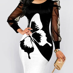 Wąska sukienka z długimi rękawami i siatkowym nadrukiem