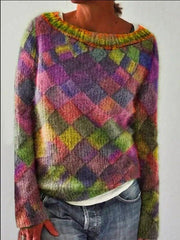 🧣Sweter z długim rękawem i okrągłym dekoltem w romby