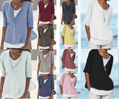 Damska koszula z bawełny i lnu, z dekoltem w kształcie litery V