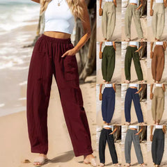 Damskie jesienne spodnie casual z bawełny i lnu, z elastyczną talią