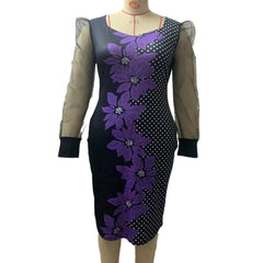 Wąska sukienka z długimi rękawami i siatkowym nadrukiem