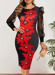 Wąska sukienka z długimi rękawami i siatkowym nadrukiem