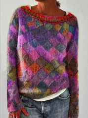 🧣Sweter z długim rękawem i okrągłym dekoltem w romby