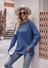 Damska luźna koszulka z okrągłym dekoltem, zapinana na guziki