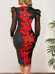 Wąska sukienka z długimi rękawami i siatkowym nadrukiem