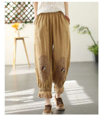 Damskie bawełniane spodnie z koronkowym haftem