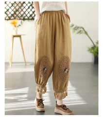 Damskie bawełniane spodnie z koronkowym haftem