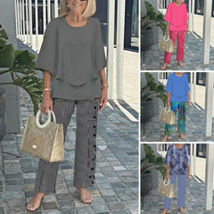 🌸Damski casualowy zestaw spodni z okrągłym dekoltem i półrękawkiem z nadrukiem
