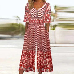 Damski kombinezon w stylu Vintage boho w kwiatowy wzór-V dekolt długie rękawy z kieszeniami