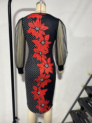 Wąska sukienka z długimi rękawami i siatkowym nadrukiem