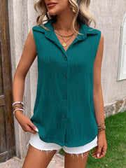 Damska kamizelka bez rękawów, zapinana na guziki, teksturowany kołnierzyk, letnie topy