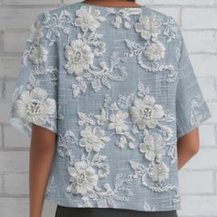 Luźny top z 3/4 rękawami i nadrukiem kwiatowym 3D