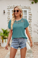 🥑🧊2024 Letnia koszulka damska z siatkowym łączeniem i marszczonymi krótkimi rękawami