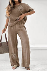 Komplet dwuczęściowy z haftem kwiatowym w jednolitym kolorze