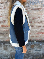 Jednoczęściowa dżinsowa kamizelka z klapami i kieszeniami na motocykl ze sztucznego futra na jesień i zimę