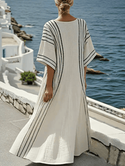 Damska sukienka w kontrastowe paski z bawełny i lnu