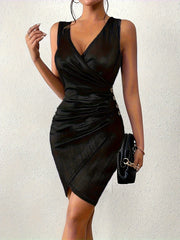 🧚♀️Swobodna, obcisła sukienka z dekoltem w kształcie litery V, zapinana na guziki, solidna, metaliczna, plisowana