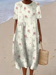 Damska sukienka lniana z krótkim rękawem z kwiatowym nadrukiem i okrągłym dekoltem