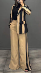 Damski garnitur casualowy z długimi rękawami i kontrastowymi paskami