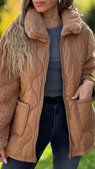 Damski płaszcz z długim rękawem i futrem, patchworkowym, bawełnianym