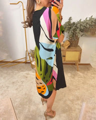 Damska luźna sukienka z krótkim rękawem i nadrukiem