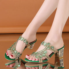 🔥Ostatni dzień zniżki 50% - Damskie lekkie, jednorzędowe, grube, wysadzane kryształkami kapcie na obcasie