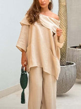 Damska, swobodna, jednokolorowa, bawełniano-lniana bluzka z długim rękawem