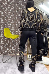 Damski top ze wzorzystymi kryształkami i dopasowane spodnie – dwuczęściowy zestaw