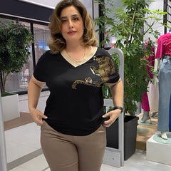 Damski, swobodny, elegancki top z nadrukiem i dekoltem w serek