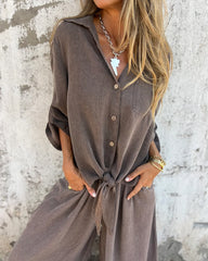 Koszula casualowa w jednolitym kolorze, dwuczęściowy garnitur z szerokimi nogawkami