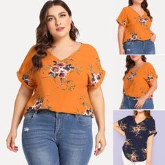 Damska koszulka z krótkim rękawem i dekoltem w kształcie litery V, z nadrukiem, plus size