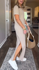 Damska sukienka z rozcięciem na klapie, długa, swobodna