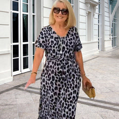 🌸2025 Gorąca wyprzedaż🌸Damska sukienka z dekoltem w serek i paskiem w panterkę