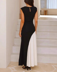 Czarno-biała sukienka z blokiem kolorów i talią