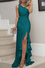 Eleganckie suknie wieczorowe z solidną falbanką i rozcięciem na jedno ramię (8 kolorów)