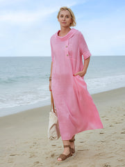 100% lniana damska sukienka z kołnierzykiem Piotrusia Pana, luźna, swobodna, z krótkim rękawem