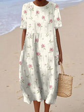 Damska sukienka lniana z krótkim rękawem z kwiatowym nadrukiem i okrągłym dekoltem