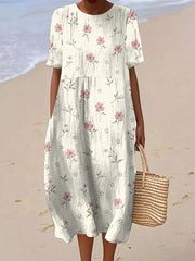 Damska sukienka lniana z krótkim rękawem z kwiatowym nadrukiem i okrągłym dekoltem