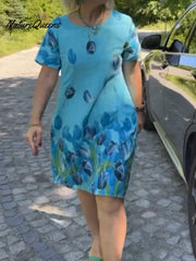 Sukienka damska z bawełny i lnu z kwiatowym wzorem