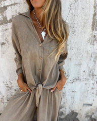 Koszula casualowa w jednolitym kolorze, dwuczęściowy garnitur z szerokimi nogawkami