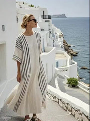 Damska sukienka w kontrastowe paski z bawełny i lnu