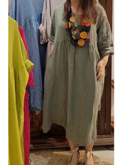 Damskie sukienki z bawełny i lnu z luźnymi kieszeniami