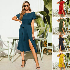 👩🎨Sznurowana sukienka midi z odkrytymi ramionami, krótkim rękawem i rozcięciem w talii