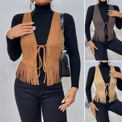 Jednolita kolorowa kamizelka z frędzlami, elegancka, modna kamizelka bez rękawów