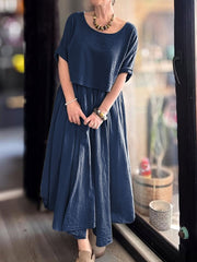 💐✨ Owet i elegancki dwupunktowy zestaw z bluzką z okrągłym szyją i spódnicą w bawełnianej i lnianej dla kobiet