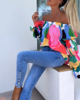 Casualowy top na jedno ramię z kolorowym nadrukiem