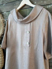 100% lniana damska sukienka z kołnierzykiem Piotrusia Pana, luźna, swobodna, z krótkim rękawem